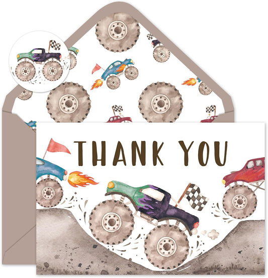 24 Pack Racing Truck Thank You Cards Racing Car Greeting Cards With Envelopes Stickers Colorful Truck Blank Note Card for Baby Shower Birthday Party