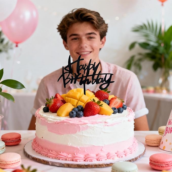 Acrylic Happy Birthday Cake Topper Black Graffiti Style Cake Decorations for Men Women Personalized Birthday Topper Modern Script Party Supplies