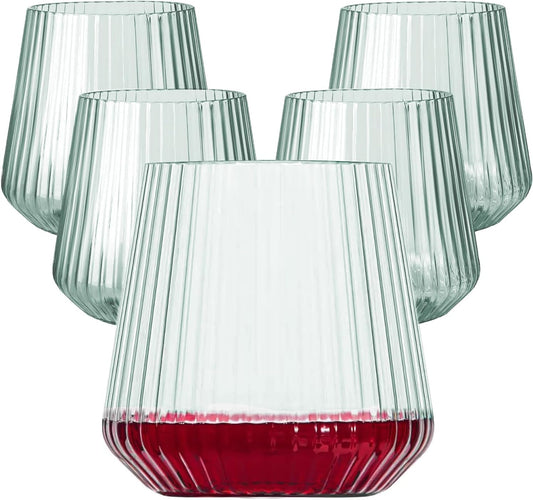 40 Pack Plastic Ribbed Wine Glasses, 14Oz Origami Disposable Wine Glasses Unbreakable Clear Plastic Cocktail Glasses Recyclable Shatterproof Reusable Wine Cups (14oz-green-40pack)