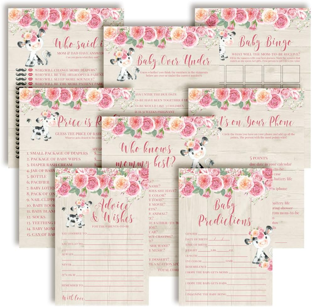 Amanda Creation Baby Shower Games 8 Game Set Watercolor Pink Cow 80 Double-Sided Cards for 20 Guests. Baby Shower Bingo, Baby Predictions & Activities for Guests. Farm & Barn Theme for Girls