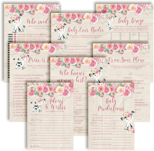 Amanda Creation Baby Shower Games 8 Game Set Watercolor Pink Cow 80 Double-Sided Cards for 20 Guests. Baby Shower Bingo, Baby Predictions & Activities for Guests. Farm & Barn Theme for Girls