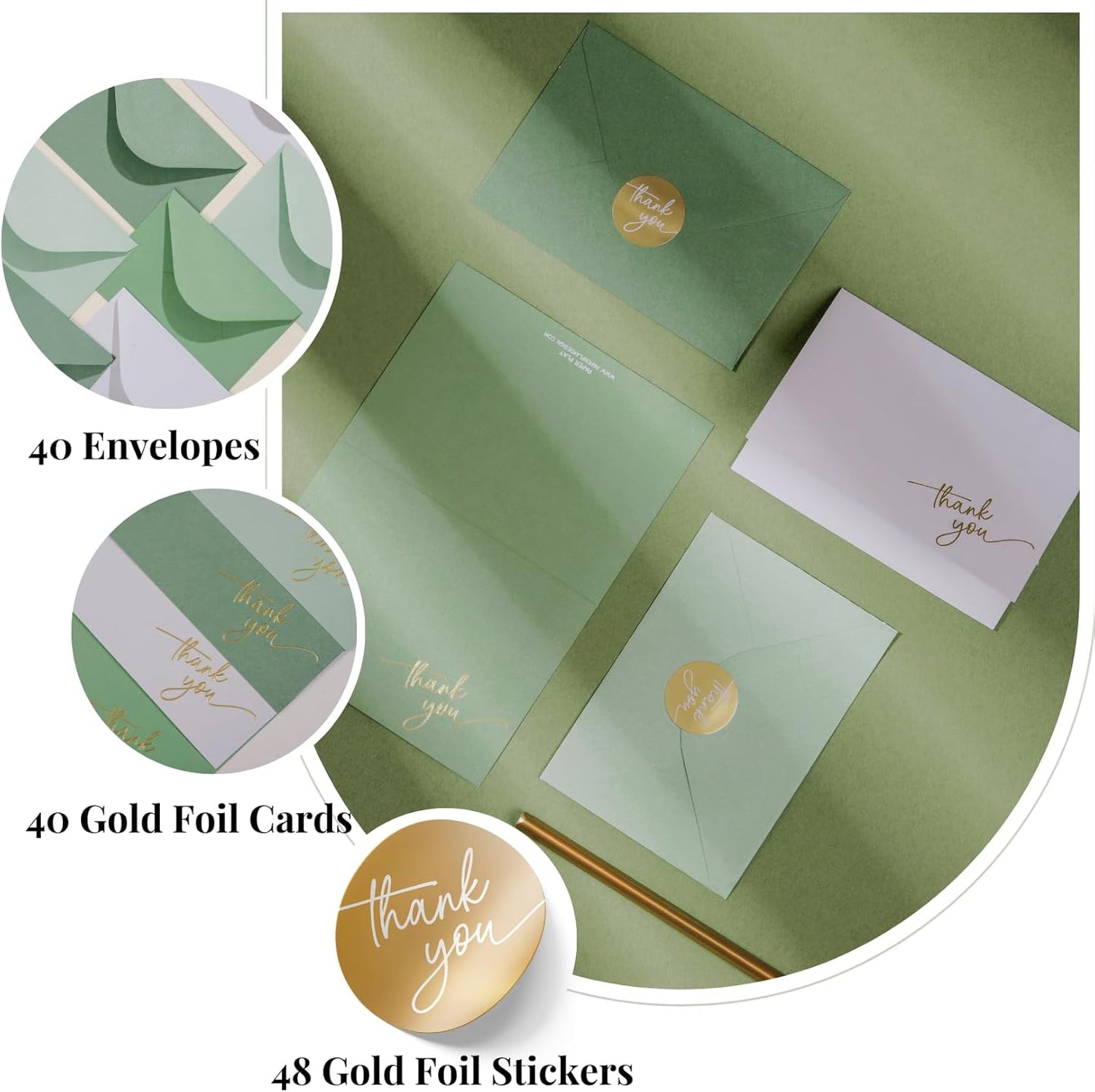 Gold Foil Thank You Cards - Bulk Pack of 40, 5x3.5 Inch with Matching Stickers & Envelopes (Green) Textured Surface for a Unique Feel - Suitable for Baby Shower, Wedding, Small Business, Graduation