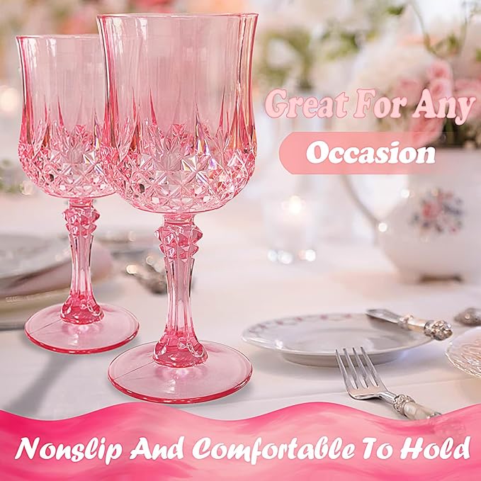 48 PCS Pink Plastic Wine Glasses,Reusable Plastic Wine Glasses,Pink Goblet Glass,Durable and Sturdy Cups Can Be Used for Various Parties Such as Weddings!