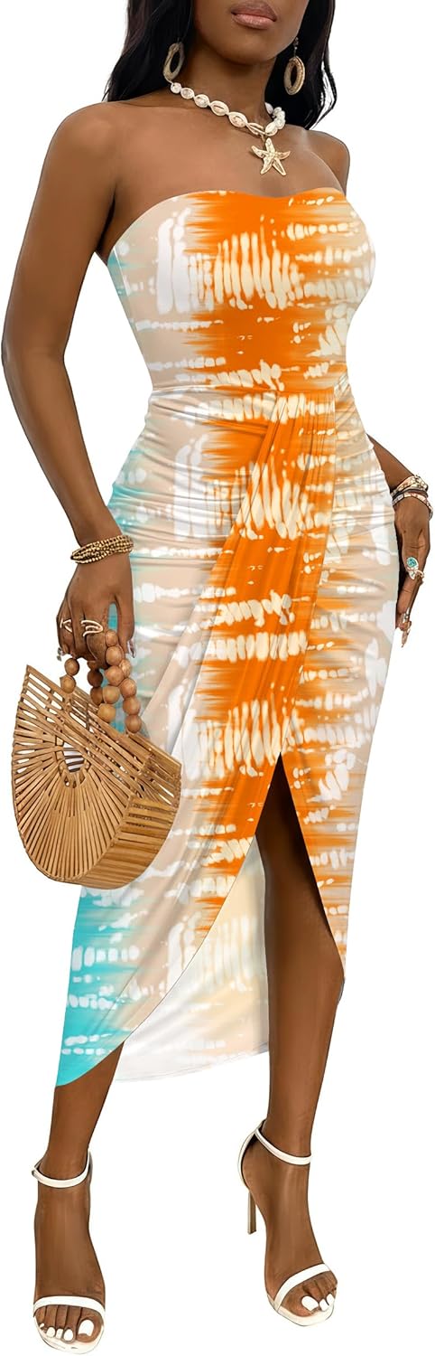 Umenlele Women's Strapless Ruched High Waist Wrap Split Asymmetrical Beach Maxi Long Dress