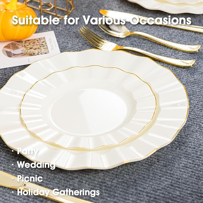 HIGH END 100 Pcs Ivory Wave Plastic Plates with Gold Trim, Fancy Disposable Plate Sets Include 50 Dinner & 50 Dessert Plastic Plates, Elegant Disposable Plate Set For Party, Thanksgiving (50 Guests)