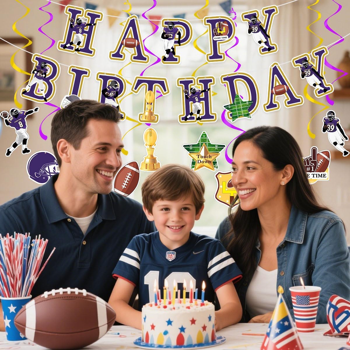 Football Birthday Party Decorations Football Birthday Banner with Super Bowl & Themed Party Supplies for Gameday Tailgate Decorations (Pre-Strung)