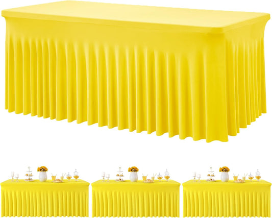 3 Pack Yellow Spandex Tablecloth for 6 Foot Rectangle Tables, Wrinkle Free Fitted Table Cloth Cover 6ft Yellow Stretchy Tablecloths with Skirt for Parties Weddings Birthday Banquet Baby Shower