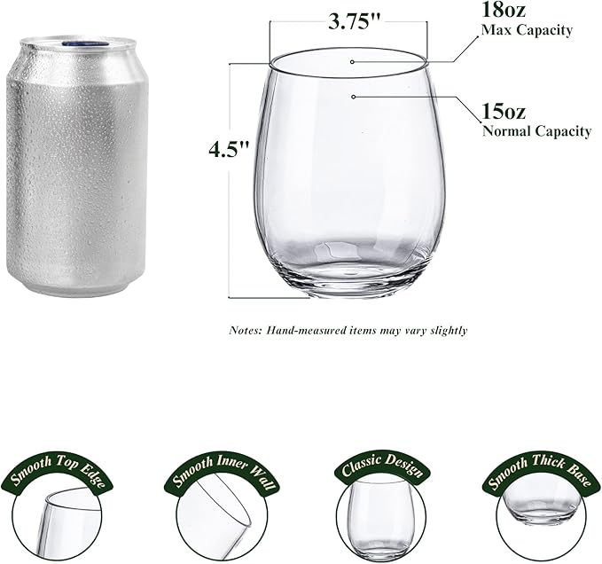 18oz Clear Stemless Wines Cups (Set of 6), Shatter-Proof Acrylic Glasses Drinkware, Reusable Plastic Bar Glasses, BPA-Free, Dishwasher-Safe