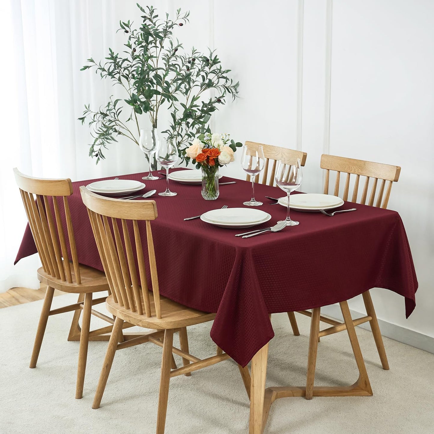 maxmill Square Tablecloth Water Resistance Antiwrinkle Spill Proof Weaved Texture Table Cloth, Decorative Fabric Table Cover for Banquet Parties Event Holiday Dinner, 70 x 70 Inch, Burgundy