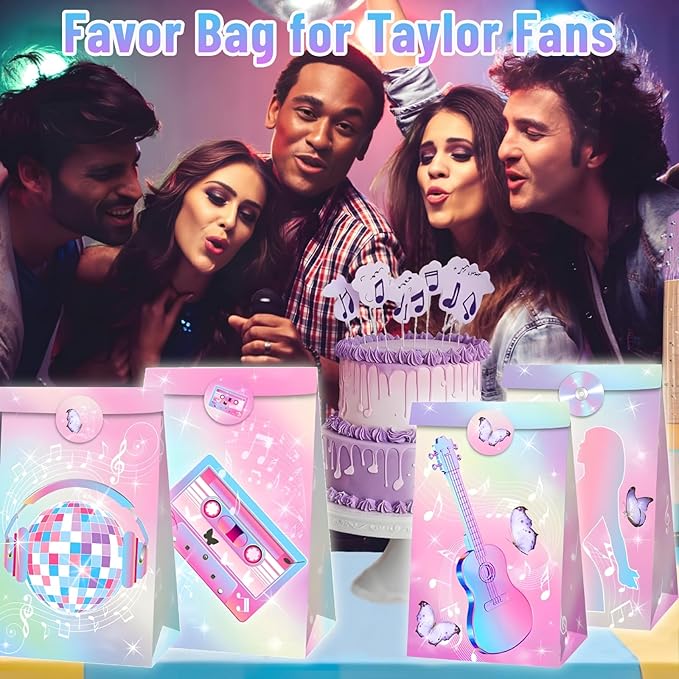 Inshinern Popular Singer Party Favors Bag Pink-Purple Decorations Pop Music Goodie Treat Bags 2 Styles Paper Gift Bag for Musical Theme Birthday Party,Graduations,Weddings,Bridal Baby Shower (12 Pcs)