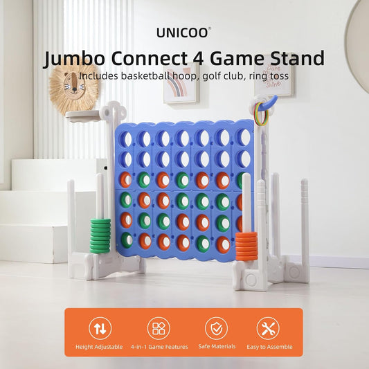 UNICOO® Jumbo 4 in a Row Game | Adjustable Height (2.5-3.5 FT) 4-to-Score Giant Yard Game Set for Kids & Adults w/Build-in Mini Games, Golf Clubs | Indoor/ Outdoor Games for Party & Family Fun