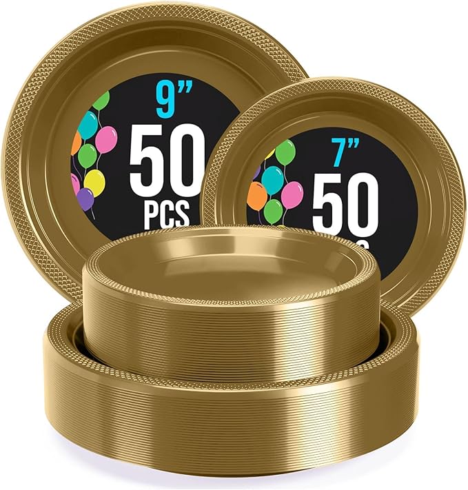 Party Solids Gold Plastic Plates For Party Supplies, Gold Disposable Plates 100 Pieces - 50-7" & 50-9" Heavy Duty 350 GSM Disposable Dinnerware Sets, Plastic Dinnerware Sets