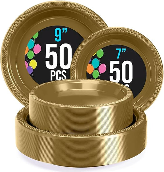 Party Solids Gold Plastic Plates For Party Supplies, Gold Disposable Plates 100 Pieces - 50-7" & 50-9" Heavy Duty 350 GSM Disposable Dinnerware Sets, Plastic Dinnerware Sets