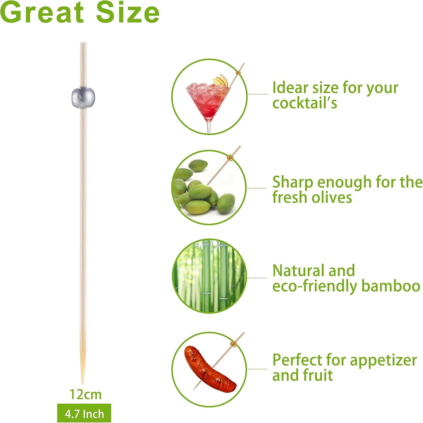 200 Pcs Cocktail Picks, 4.7 Inch Toothpicks for Appetizers, Bamboo Cocktail Sticks Skewers for Drinks, Desserts, Charcuterie, Wedding Party Fancy Toothpicks, Silver Pearl Mini Food Picks Decorative