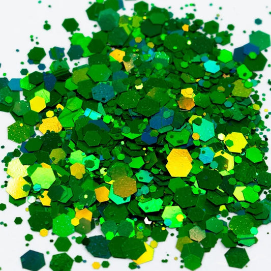 HEMOER Dark Green Glitter, 100g/3.5oz Holographic Chunky Glitter Mixed Hexagon Chunky & Fine Flakes Iridescent Sequins for Epoxy Crafts, Resin, Nail Body, Tumblers, Festival Party