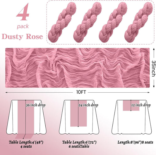 4Pack Dusty Rose Cheesecloth Table Runner 10FT Gauze Cheese Cloth Table Runner 35x120Inch Long Boho Spring Easter Table Runners Rustic Sheer Table Runners for Wedding Baby Shower Bridal Shower Decor