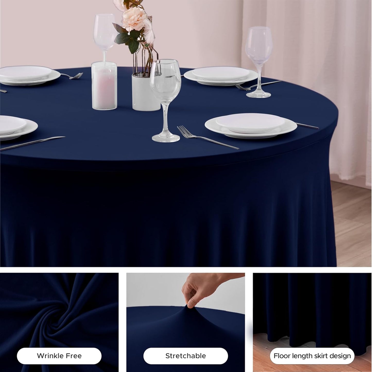 HolidayIdeas Spandex Tablecloth 6 Pack Navy Fitted Round Stretch Table Skirts 60 Inch for 5ft Folding Table,Wrinkle-Free Floor Length Tablecloths for Parties, Banquets Events