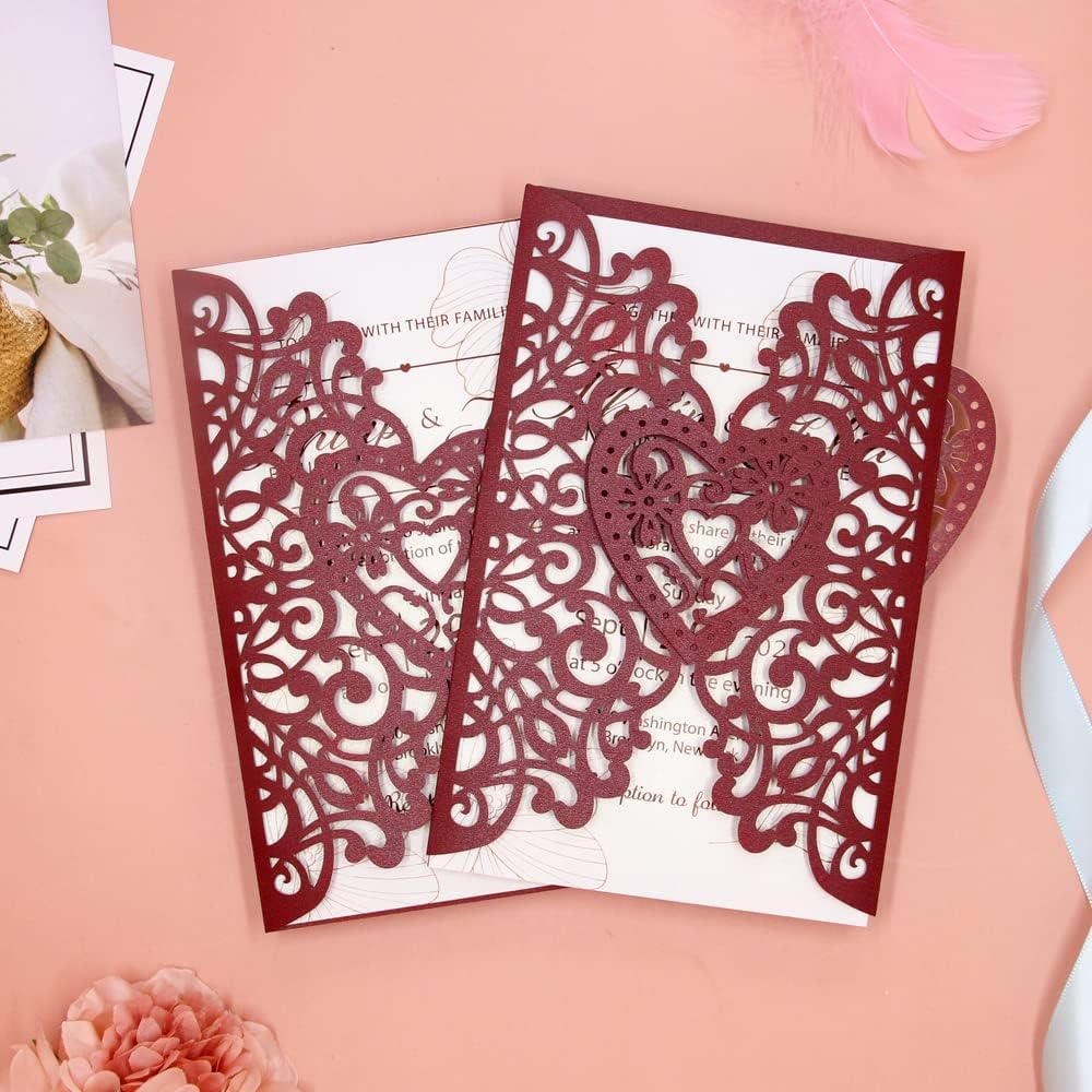 FOMTOR Wedding Invitations Cards Laser Cut Kits 50 Packs Laser Cut Wedding Invitations with Blank Printable Cards and Envelopes for Wedding Birthday Partie Baby Shower (Wine Red)
