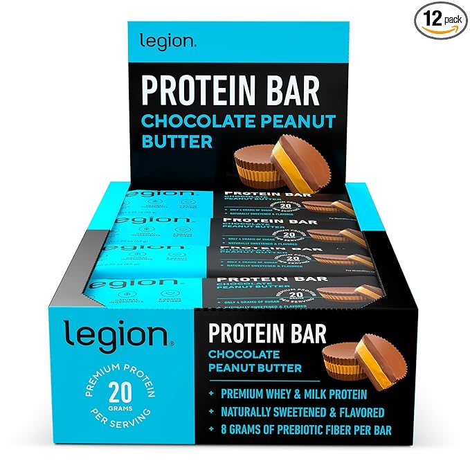 Legion Protein Bar Chocolate Peanut Butter -100% Whey Protein, Baked Bars with Prebiotic Fiber - High Protein (20g) Low Fat (12g) Low Sugar (4g), No Soy, Gluten - Natural Flavors (12 Count)