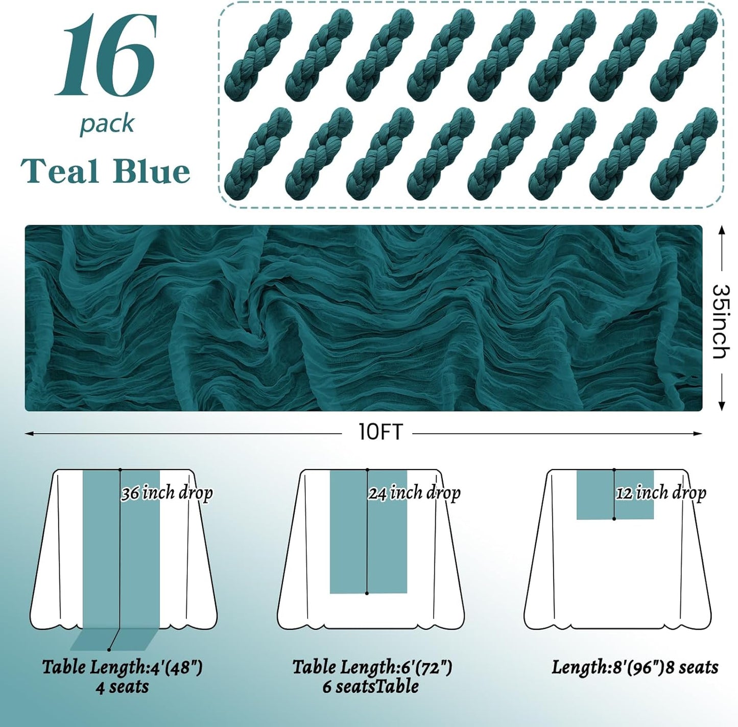 16Pack Teal Cheesecloth Table Runner 10FT Cheese Cloth Table Runner 35x120Inch Long Boho Table Runners Rustic Gauze Table Runners for Party Wedding Bridal Shower Baby Shower Decorations