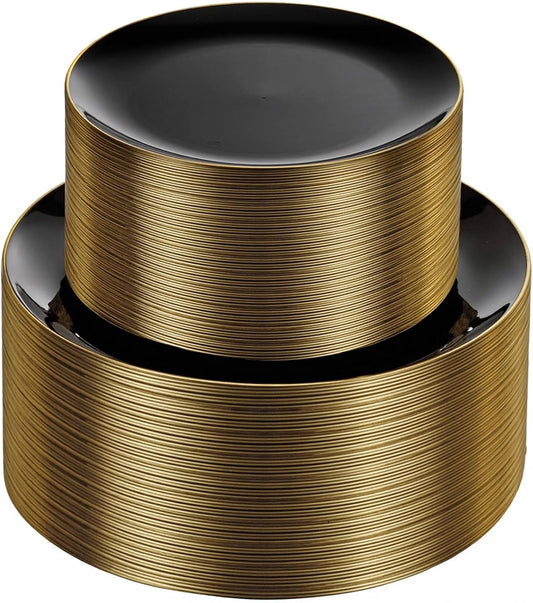 KIRE 100PCS Black and Gold Plates - Black Plastic Plates Disposable with Gold Rim for Halloween Party/Wedding/Birthday Include 50Pcs 10.25inch for Dinner and 50Pcs 7.5inch for Dessert/Salad