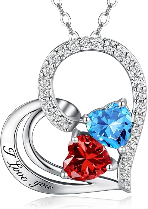 Double Birthstone Heart Necklace 0.8CT Dual-Gemstone S925 Sterling Silver Plated White Gold Engraved I Love You Perfect Anniversary/Valentine's Day Gift for Wife/Girlfriend/Mom/Daughter
