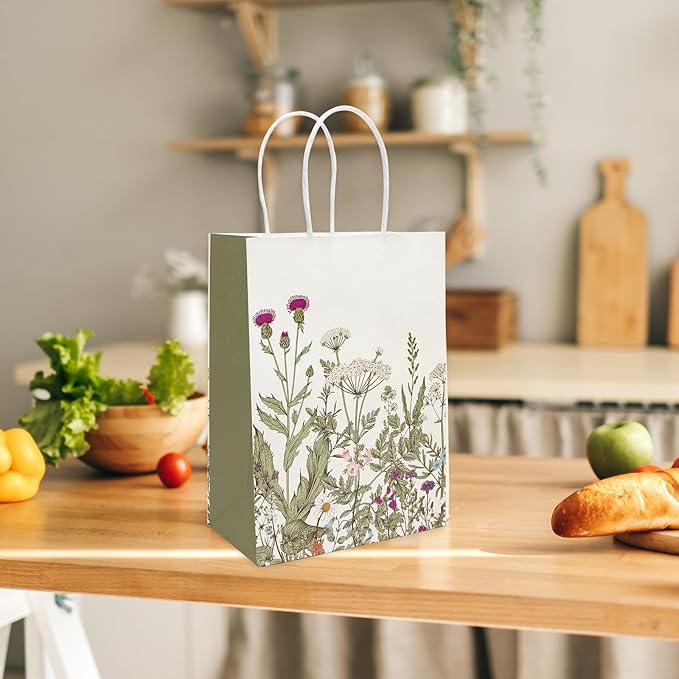 24Pcs Vintage Wildflower Paper Gift Bags Retro Floral Party Favor Bags with Handles Flower Decorative Goodie Candy Treat Bags for Wedding Birthday Baby Shower Party Supplies