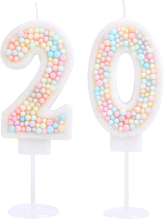 20th Birthday Candle Macaron Glitter 3D Pastel Number 20 Candles for Birthday Cakes Girl Women Sweet Theme Birthday Wedding Anniversary Party Cake Decoration