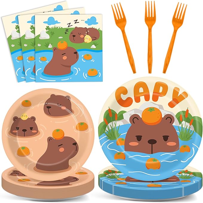 OBUSATT 96Pcs Capybara Birthday Party Supplies - Capybara Paper Plates, Napkins, Decorations, Zoo Pals Dinnerware, Party Favors, Cute Animal Tableware Serves 24
