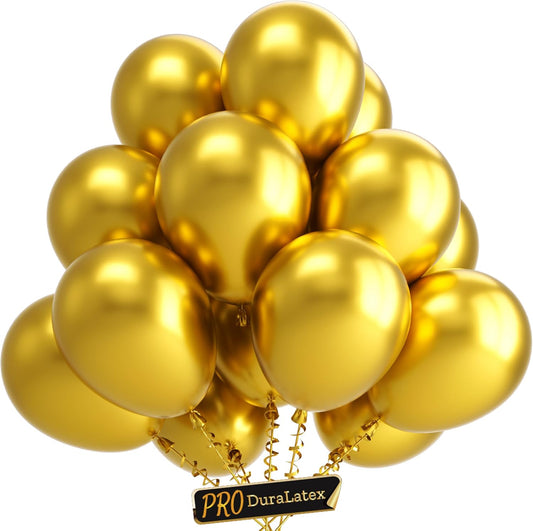 Bezente Pro Duralatex Metallic Gold Balloons - 100 Pack 12 inch Extra-Thick Gold Balloons for Long-Lasting Professional Party Decorations, Large New Year Birthday Wedding Anniversary graduation