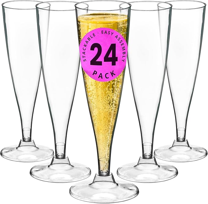 DecorRack 24 Champagne Glasses, 5 Oz -BPA Free- Plastic Flutes, Perfect for Outdoor Parties, Weddings, Hosting, Stackable, Reusable, Disposable Stemmed Cups (Pack of 24)