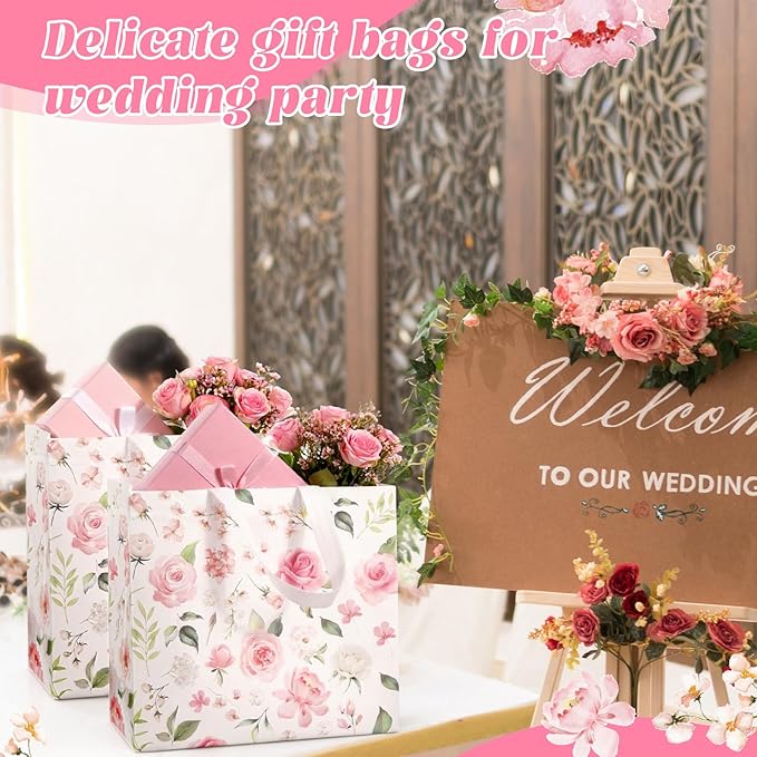 Abbylike 30 Pack Pink Floral Theme Reusable Gift Bag Bulk Large Flower Print Shopping Bag Tote Non Woven Tote for Wedding Birthday Baby Shower Family Holiday Travel, 12.2 x 11.02 x 4.72 Inches