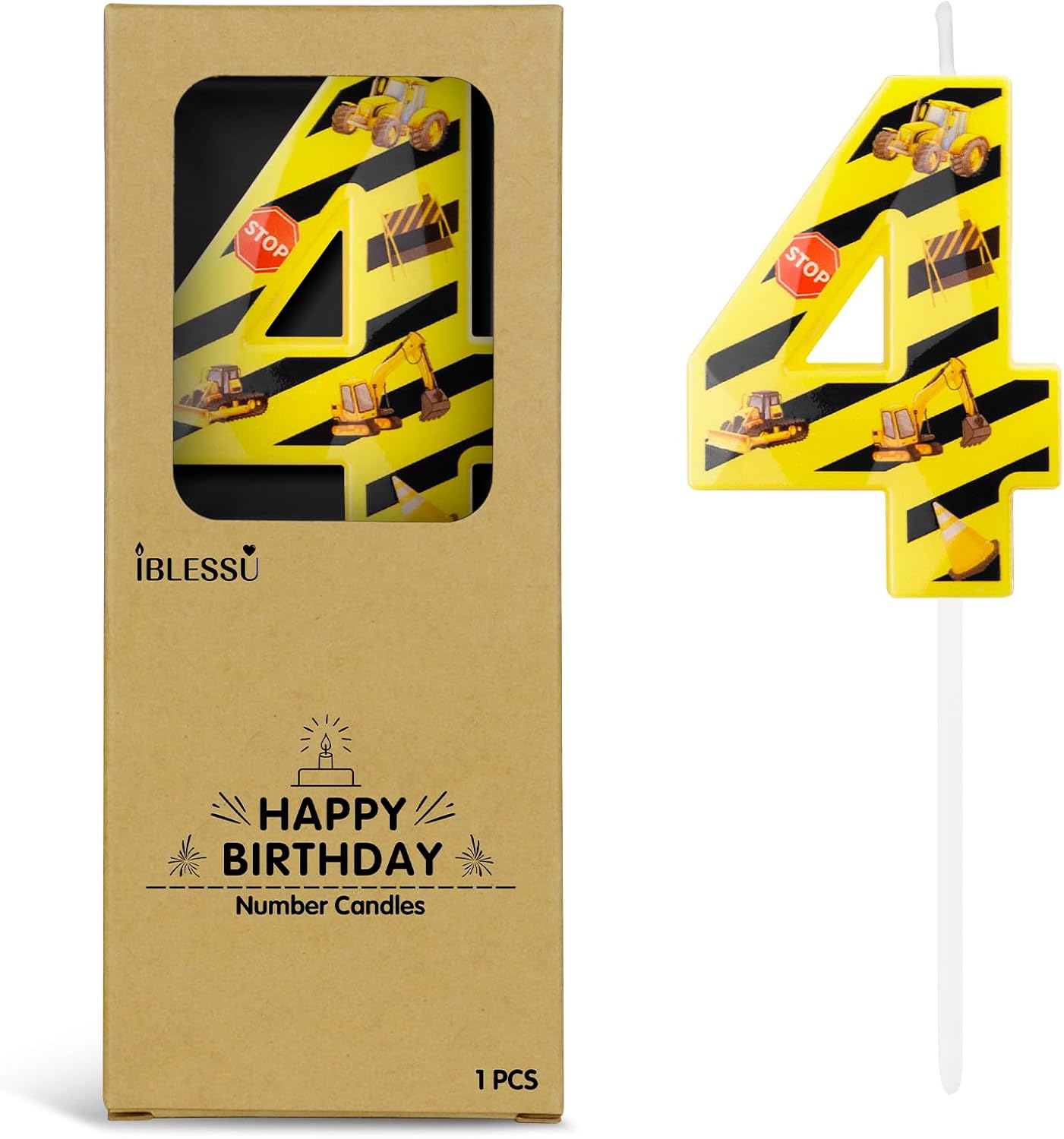 Number 4 Construction Birthday Candle, 2.68 Inch Yellow and Black Striped Candle, Birthday Candles Numbers Construction Cake Topper for Boys Girls, Construction Birthday Party Supplies Decorations