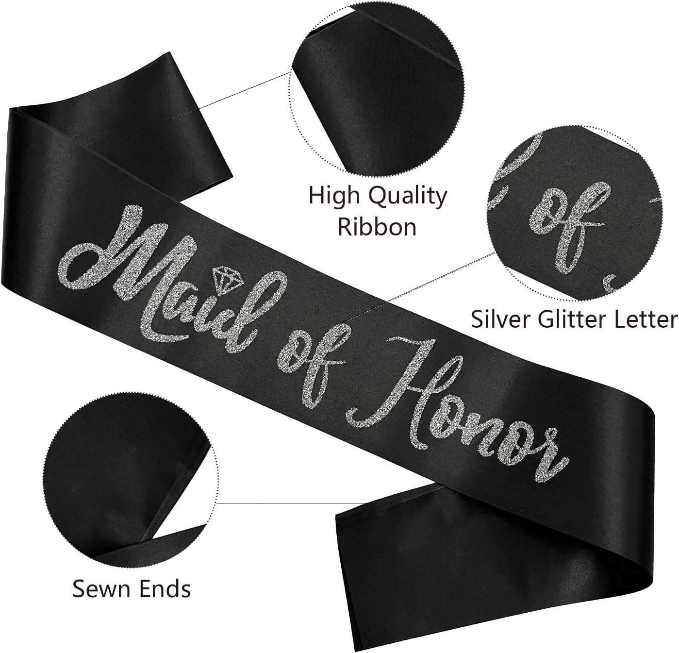 Maid of Honor Sash, Black Sash with Silver Glitter Letter Bachelorette Party Sash for Bridal Shower Wedding Party Accessories Supplies Engagement Gifts