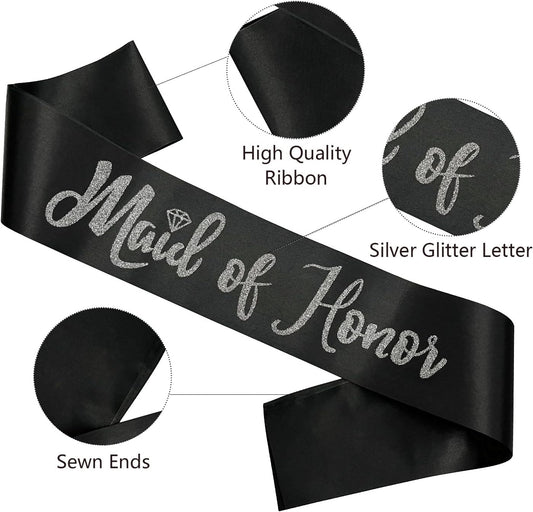 Maid of Honor Sash, Black Sash with Silver Glitter Letter Bachelorette Party Sash for Bridal Shower Wedding Party Accessories Supplies Engagement Gifts
