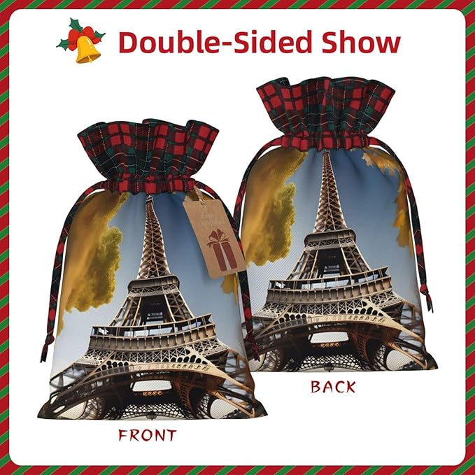 PULaif Cityscape Paris Eiffel Tower France Christmas Drawstring Gift Bags, Large Size Christmas Bags For Gifts Party Favors, Xmas Gift Bags