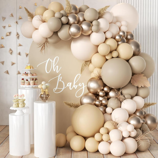Boho Nude Neutral Balloon Arch Kit, 166Pcs Pastel Brown Maca Light Orange Nude Champagne Gold Metallic Balloons Garland for Baby Shower Gender Reveal Birthday Party Decoration