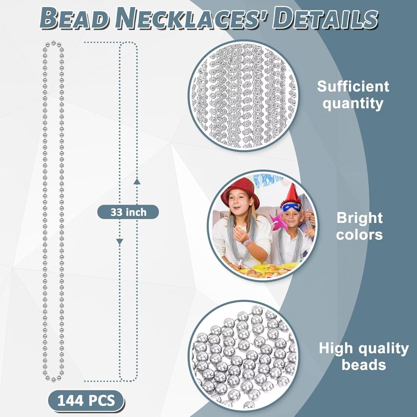 144PCS Bead Necklace, Silver Christmas Mardi Gras Beads Stuff Party Favors, 33" Xmas Necklaces Costume Bulk, Festival Events Parade Throw Accessories for Wedding Birthday Celebrations Decorations