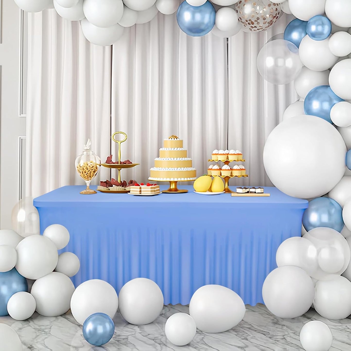 Table Skirts for 8ft Rectangle Tables - 1PCS Light Blue Table Covers for 8 Foot Tables, Wrinkle Resistant Ruffles Elastic Table Cloths and Table Skirt for Banquets/Weddings/Parties/Birthday