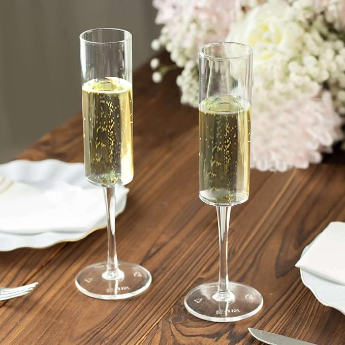 Efavormart 6 Pack | 6oz Clear Sleek Reusable Plastic Champagne Flute Glasses, Cylindrical Wine Mimosa Glass Goblet