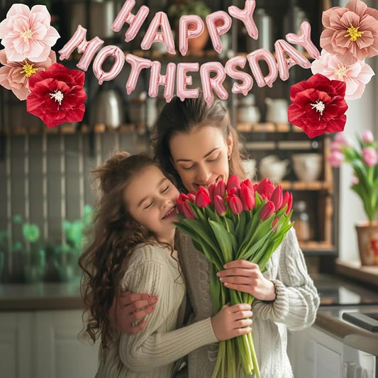 Mother’s Day Party Balloons Kit Decorations 16 inch Foil Balloon Set Happy Mother's Day Best Mom Balloon Set Decoration for Mother's Day (Red Pink Mauve Flower Balloon)