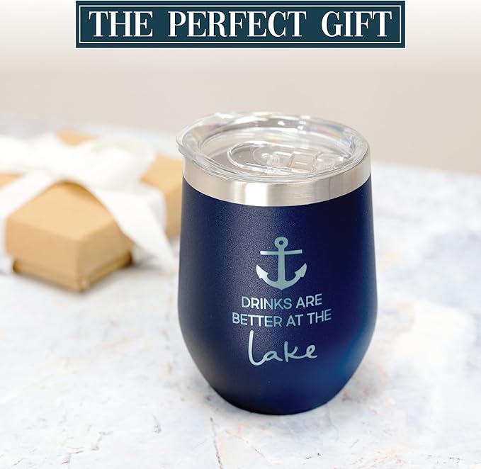 Pavilion - At The Lake 12 ounce Stainless Steel Wine Tumbler, Vacuum Insulated Wine Tumbler, Wine Tumbler with Lid, Lake House Gift Ideas, Anchor Decor, Wine Gifts For Women, Navy