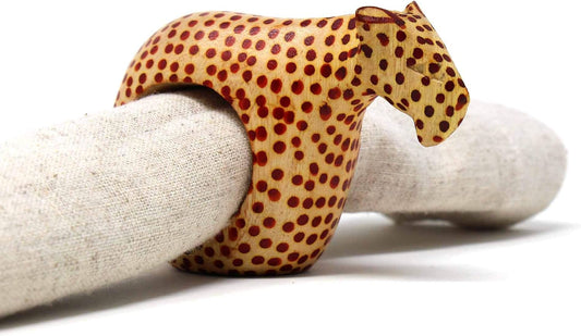 Global Crafts Handcarved Mahogany Wooden Napkin Ring Holders, Cheetah, Set of 6 (KWF012_C)
