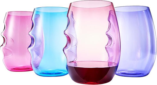 Unbreakable European Plastic Crystal, Stemless Wine Glasses | Set of 4, 13.5 OZ | Acrylic Tritan Set with 3-Finger Indentations - Pastel Colored Tumbler Set, BPA Free, Reusable, Naturally Aerates Wine