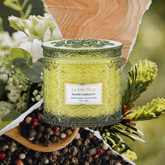 LA JOLIE MUSE Starlit Golden Fir Candle - Cedarwood, Patchouli, Fir Balsam | 12 oz Large 2-Wick Soy Wax Candle | 60 Hours Clean Burn | Balsam and Fir Candle | Gift-Ready for Hosts & Gatherings
