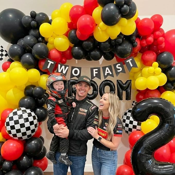 Race Car Balloons Arch Kit - 156Pcs Race Car Balloon Birthday Party Supplies, Banner, VROOM, Number 2 Foil Balloon Garland Kit for Racing Car Theme Two Fast 2nd Boy Birthday Party Decorations