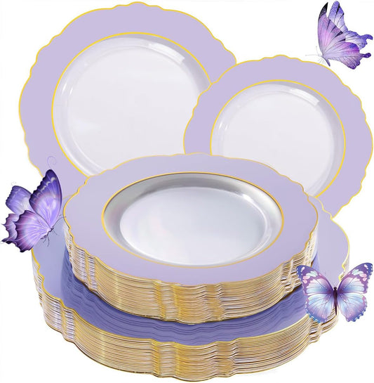 WDF 60pcs Clear Purple Plates Disposable with Gold Rim - Baroque Lavender Purple Plastic Plates for Party/Wedding/Spring Picnic
