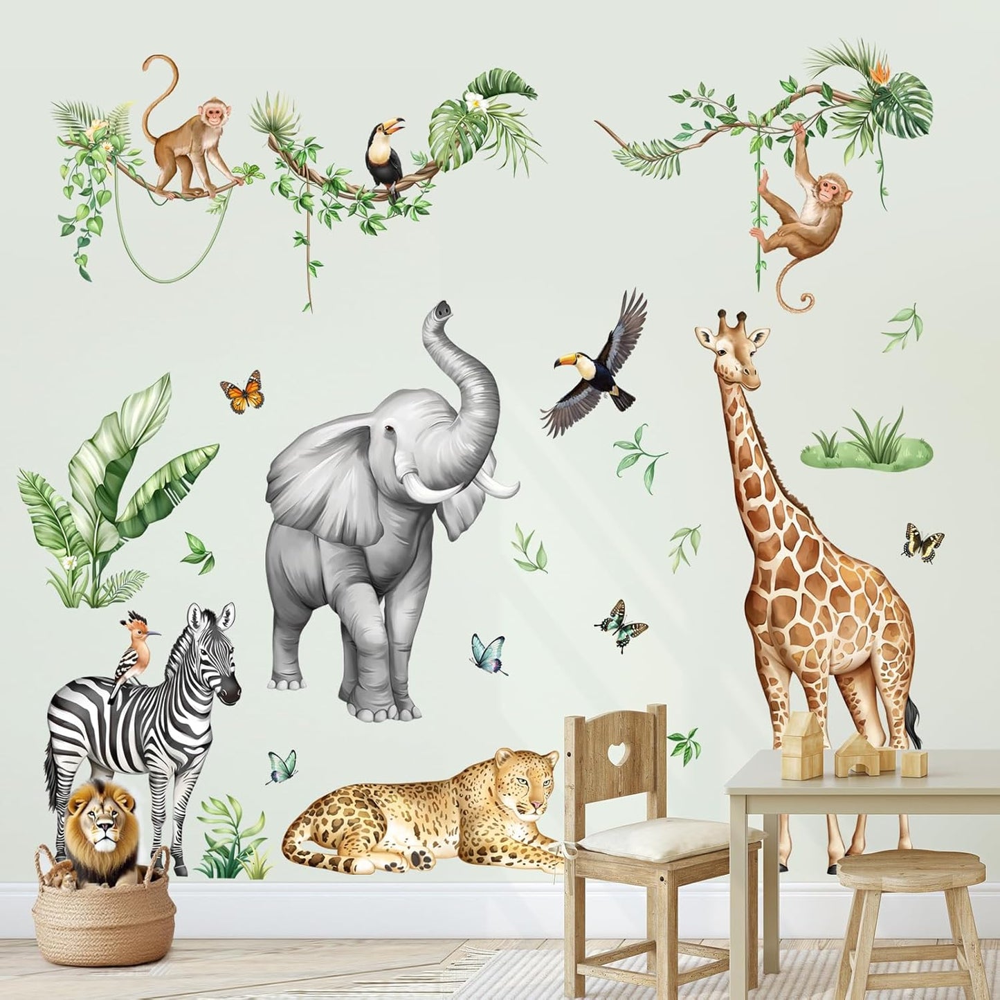 Jungle Safari Animal Wall Decals for Kids Room - Wildlife Wall Stickers Giraffe Elephant Leopard Zebra Monkey Removable Vinyl Nursery Decor for Baby Toddlers Classroom Playroom Wall Decor