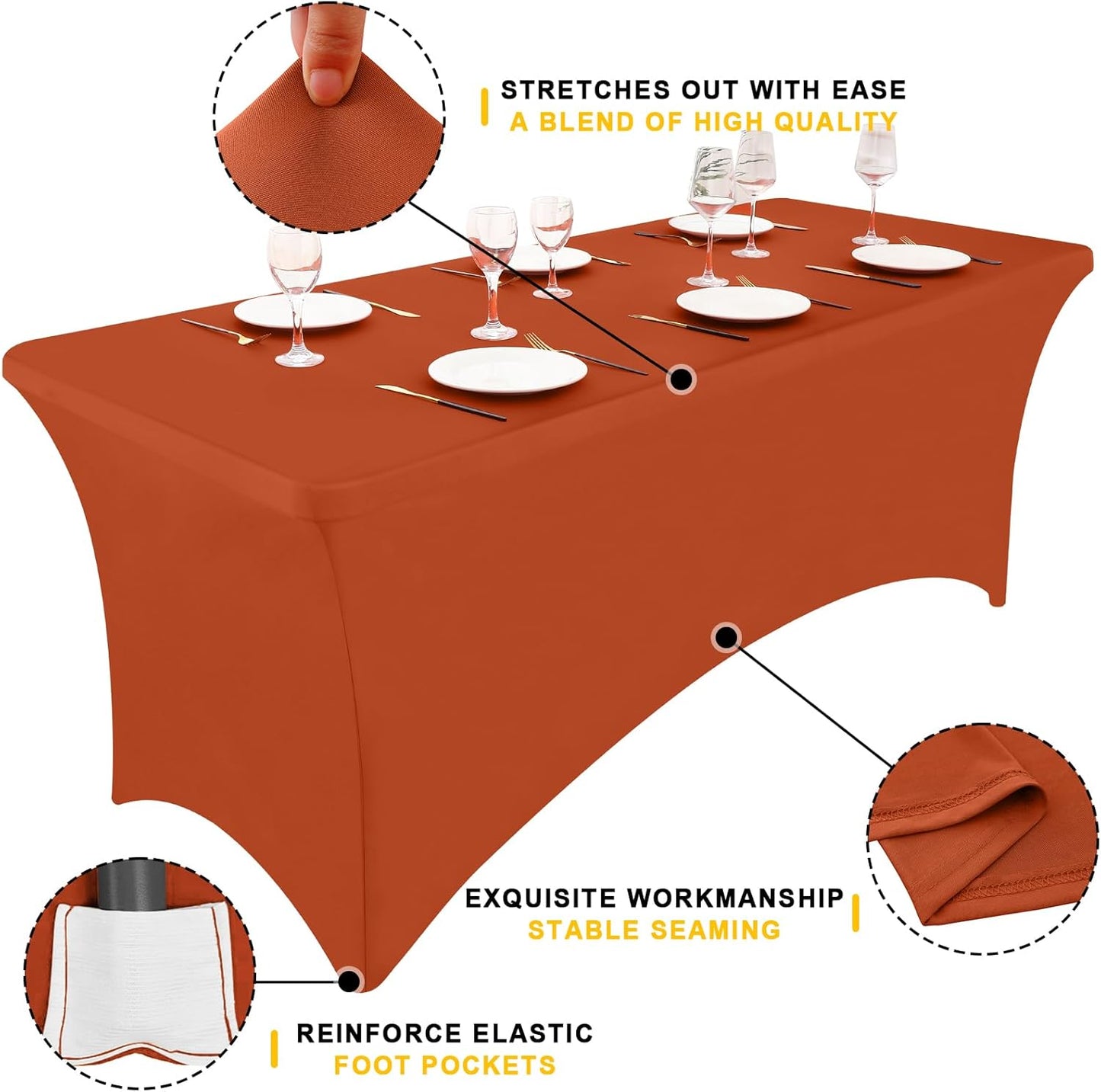 Smiry 2 Pack Spandex Table Cloth 6FT, Elastic Fitted Stretch Tablecloths, Washable and Wrinkle Free Rectangular Patio Table Cover for Outdoor, Wedding, Banquet & Parties (Rust, 72Lx30Wx30H Inch)