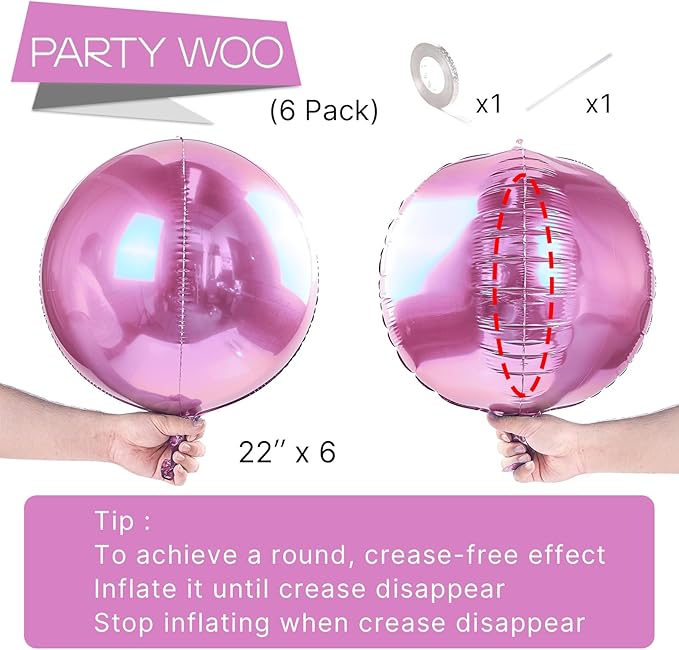 PartyWoo Pearl Pink Foil Balloons 6pcs 22 Inch Large Round Foil Big Giant 4D Jumbo Inflatable Mirror Ball Mylar Balloons for Baby Shower Birthday Gender Reveal Tea Princess Party Decorations